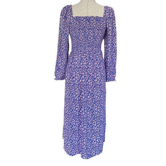 J Crew Dress Womens Small Blue Pink Floral Long Sleeve Smocked Maxi coquette - Picture 6 of 16